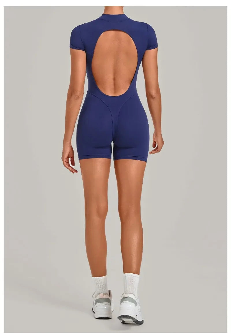 Women's Seamless Yoga Jumpsuits Fitness Sports Hip-lifting Backless Short-sleeved Training Gym Workout Shorts One-piece