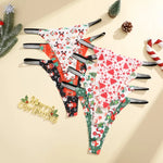 4Pcs Christmas Print Underwear Breathable Shiny Belt Thong Women Skin-friendly Fashionable Casual Christmas Gifts