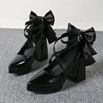 Punk Pointed Toe Thick Heels Mary Jane Shoes Women Bowknot Decor Cross Strap Platform Pumps Woman Patent Leather Party Shoes