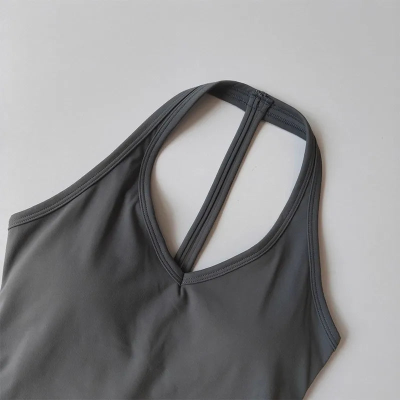 Women's Summer V-Neck Yoga Sports Vest Hanging Back Neck Design Outdoor Running Training Gathered Fit Top for Active Wear