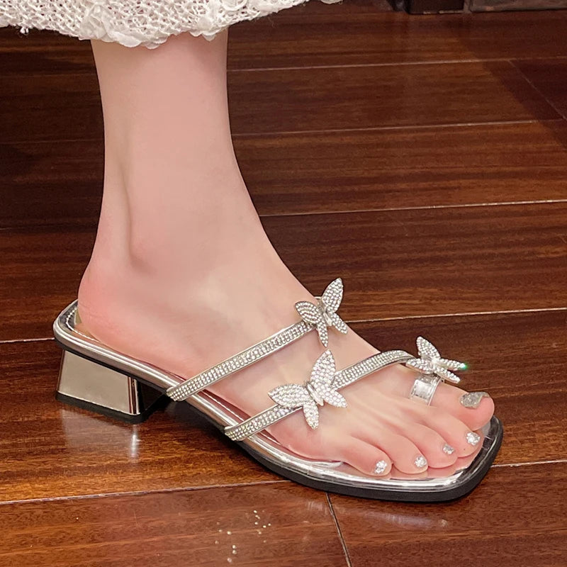 2025 Fashion Silver Crystal Sandals Women Rhinestone Butterfly Thick Heel Sandles Woman Summer Med Heeled Party Shoes Female