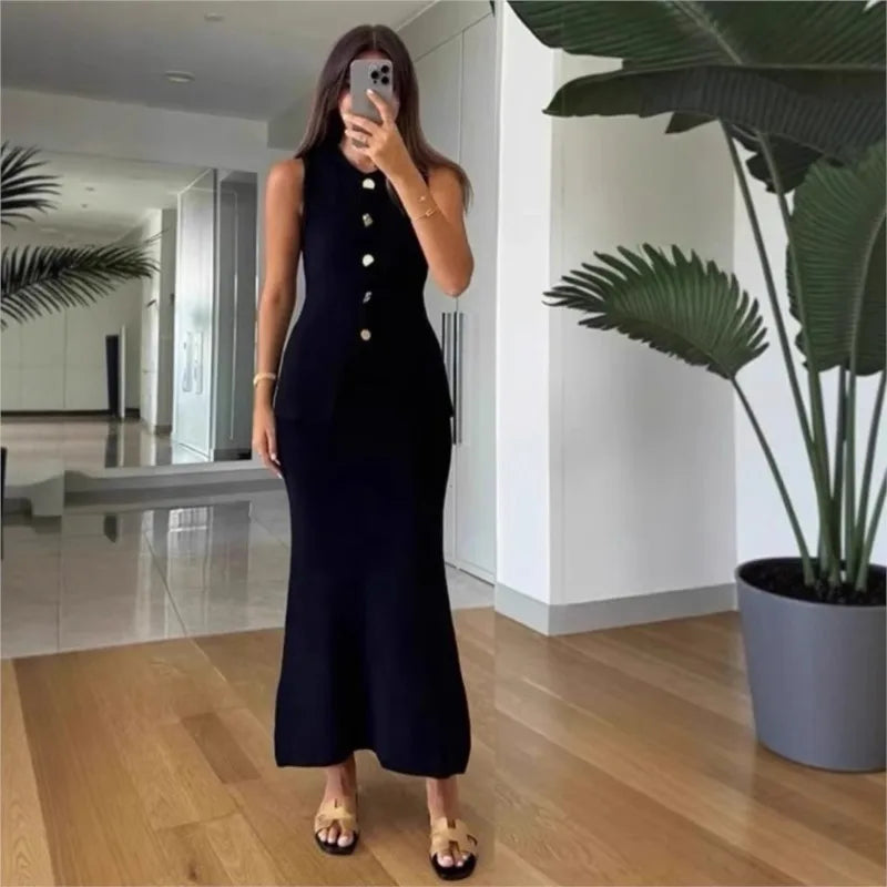 Simple Style Two Piece Set Woman New In Matching Sets Two Piece Outfits Sleeveless Tops Skirts Solid Color Temperament Commuting
