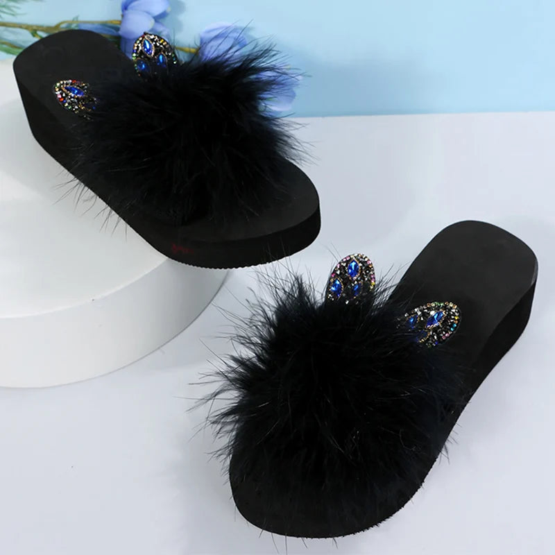 Faux Fur Wedges Slippers for Women Spring Autumn Fashion Crystal Detor Platform Slides Woman Slip On Open Toe Slippers Female