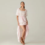 Women Summer Long Dress Floral Print Square Neck Short Sleeve Fashion Casual Bohemian Holiday Beach Dresses