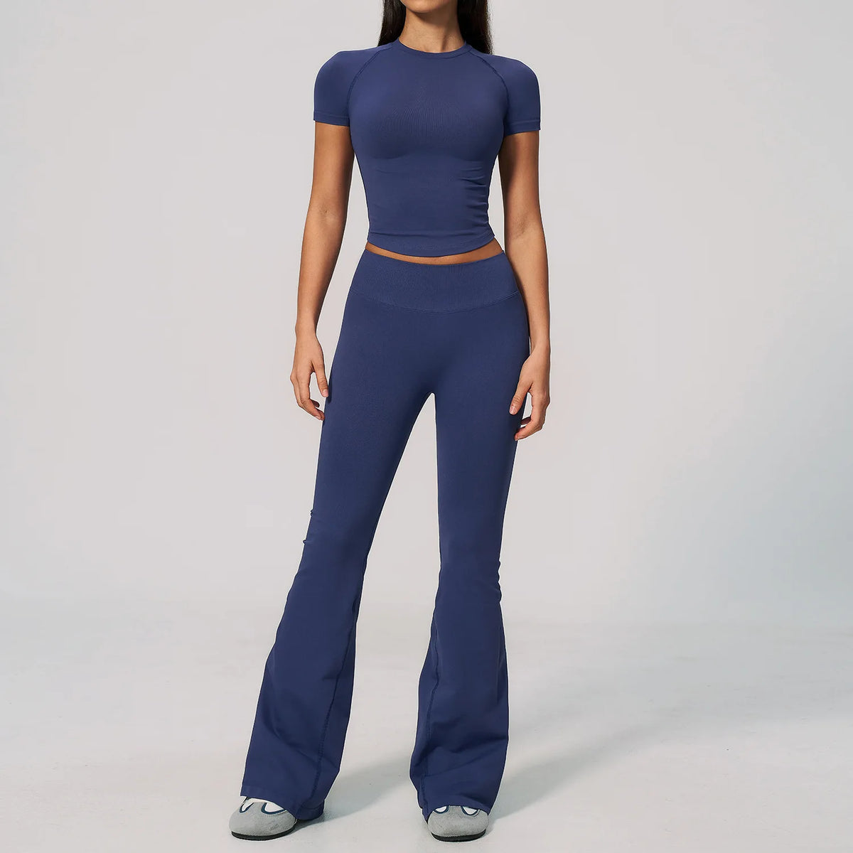 Seamless High Elasticity Yoga Sets Women Short Sleeve O Neck Sports T Shirts Workout Outfits Running Wide Leg Pants Fitness Suit