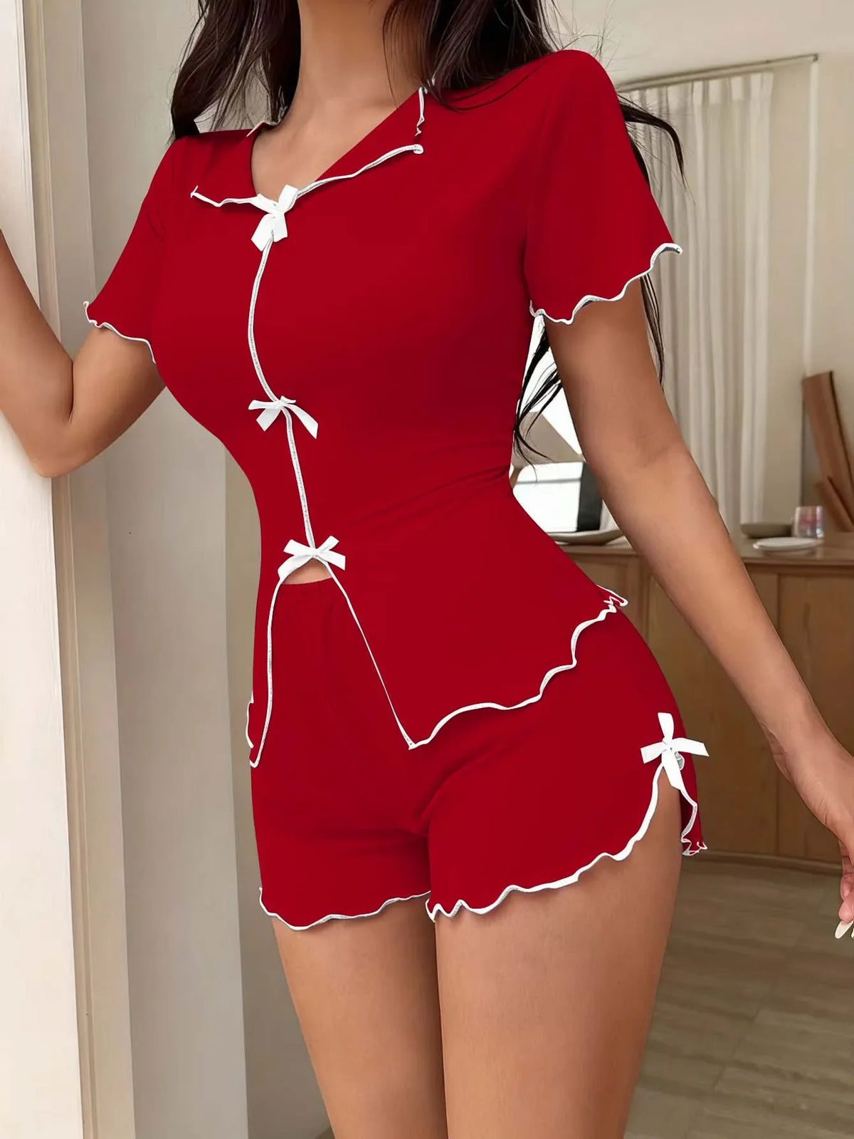 Women's Summer Sleepwear Pajamas Set Bow Short Sleeve Top and Shorts 2 Piece Set Casual Home Wear Loungewear