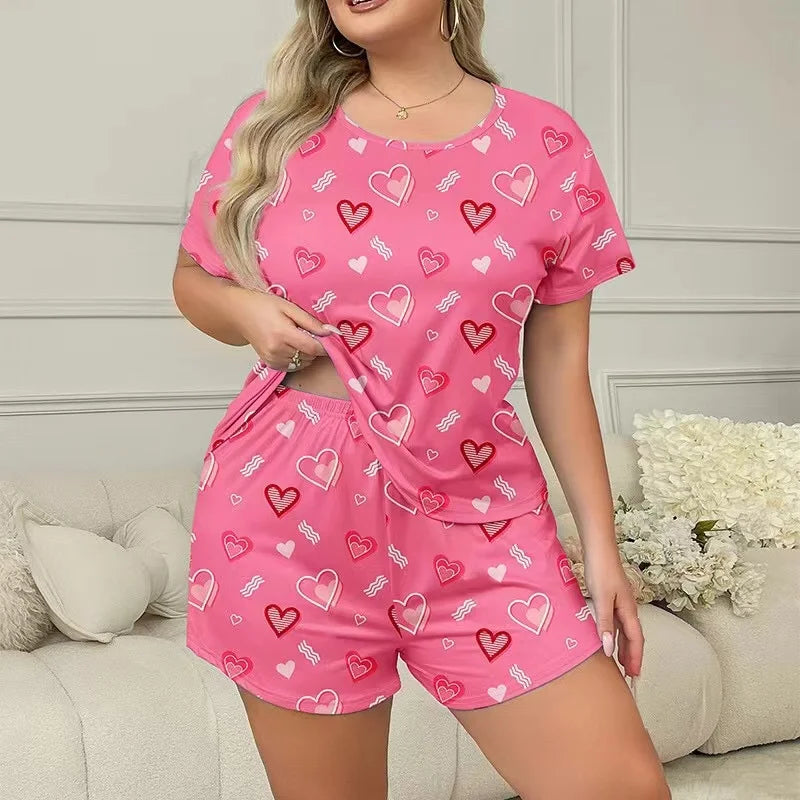 Pink Heart Print Plus-Size Women Sleepwear Pajama Set NightgownsShort Sleeve Tee and ShortsNightclothes 3XL 4XL 5XL Smooth