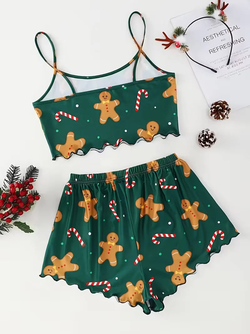 Women's Sleepwear Soft Christmas Cute Gingerbread Print Festival Atmosphere 2 Pieces Crop Tops and Shorts Pajama Set