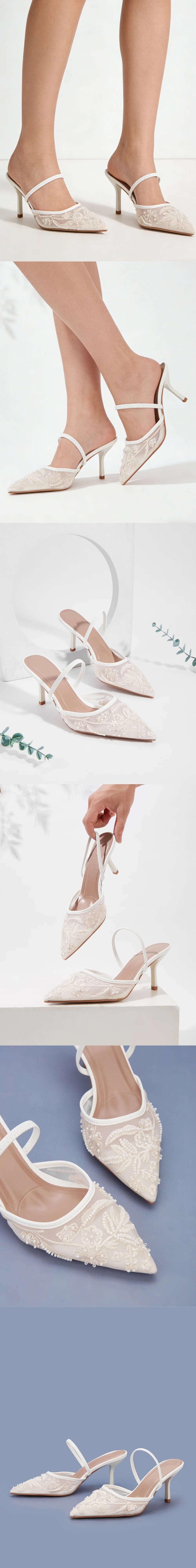 Nude 2 ways to wear Slingback Sandals Mules Big Size 42 Black Pointy Toe Mesh Embroidery Beading Thin High Heels Shoes Women