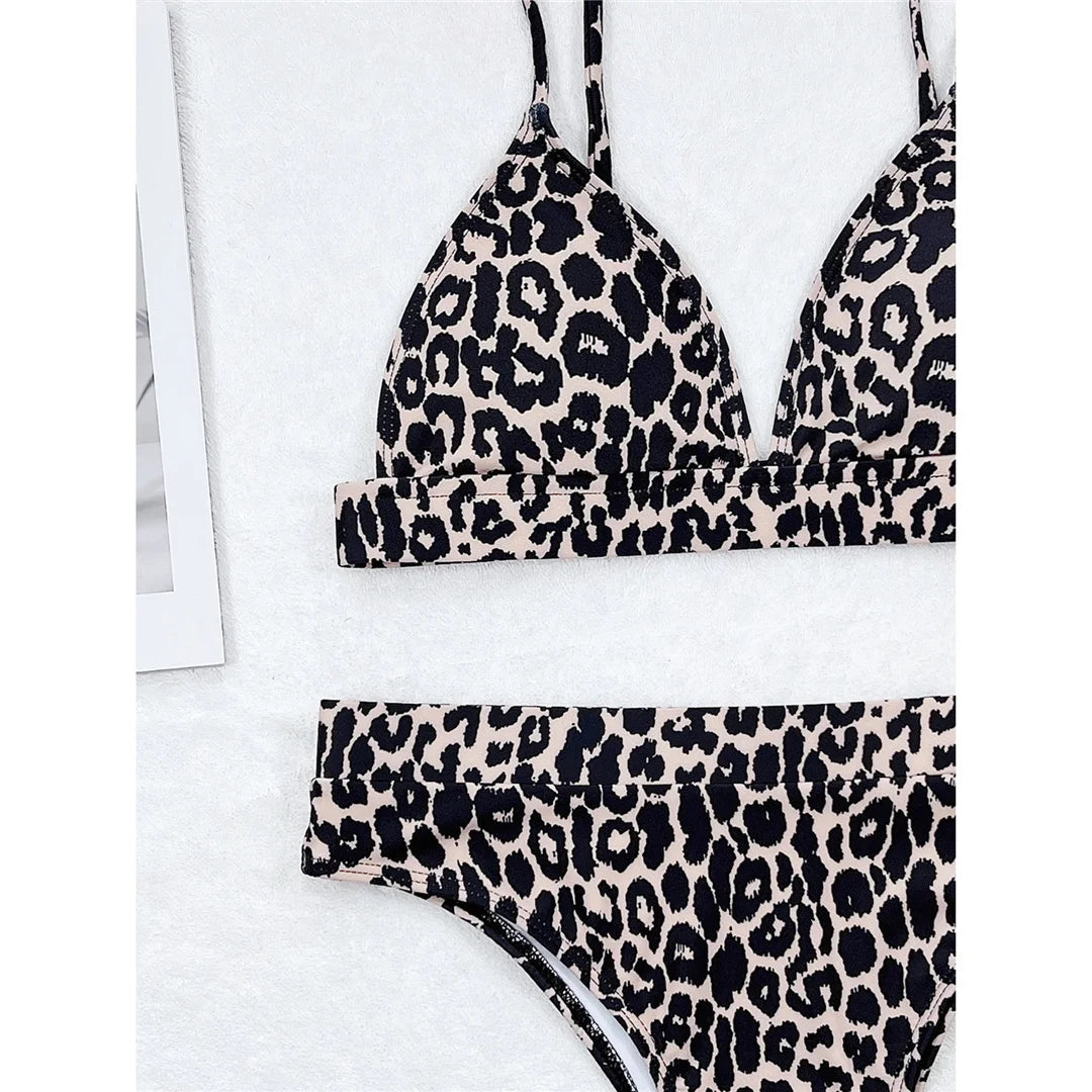 Sexy Leopard Padded Female Swimsuit High Waist Bikini Women Swimwear Two-Pieces Bikini Set Bather Bathing Suit Swim Lady V3446