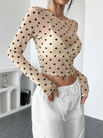 Womens Polka Dots Long Sleeve Mesh Tops Sexy See Through Sheer Blouses Shirts Going Out Crop Top Y2K Date Night Club Party Tops