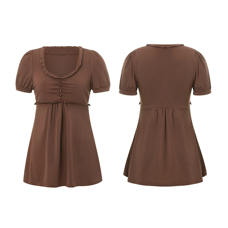 Summer Women´s Y2k T-shirt Short Sleeve V Neck Ruched Babydoll Tops Casual Loose Shirts Retro Clothes