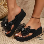 Black Mesh Bowknot Wedges Slippers Women Plus Size 36-43 Outdoor Platform Flip Flops Woman Summer Lightweight Clip Toe Sandals
