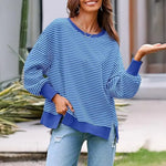 Long Sleeve Crewneck T-Shirt Split Hem Women Striped Oversized Sweatshirt Waffle Knitted Tunic Top Casual Women Sweater