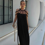 Summer Sleeveless Party Dress, Women Loungewear O-Neck Hollow Out Party Dress, Solid Color Patchwork Beach Style Ladies Dress