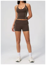 2PCS Women Yoga Sets Color Contrast Hanging Neck V Neck Slimming Sports Tank Top Flip High Waist Shorts Gym Running Fitness Suit