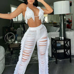 DEKAWomen Tassel Pants Knitted Bra Top Bikini Set Swimsuit Handemade Crochet Bikini Cover Up Tassel Beach Long Wrap Pant