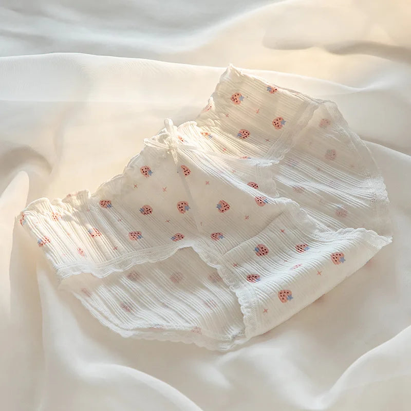 1 Pack Cotton Floral Print Ruffled Panties Women's Mid Waist Underwear Kawaii Briefs Cotton Lingerie Skin-friendly M-XL