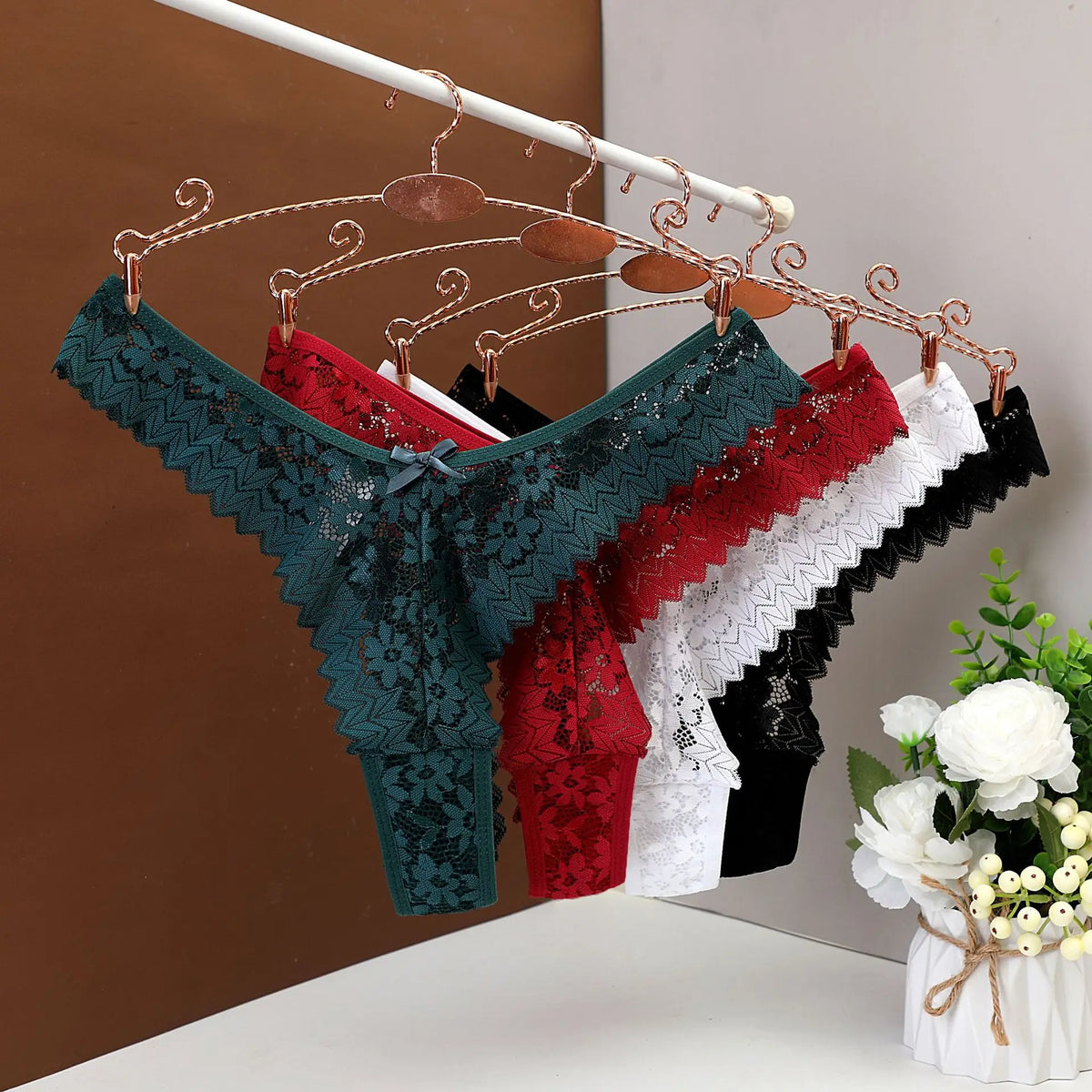 Women's Panties Sexy Lace T Back Woman G-String Solid Mid Waist Hollow Out Thong Transparent Underwear V-shape Girl Erotic Panty