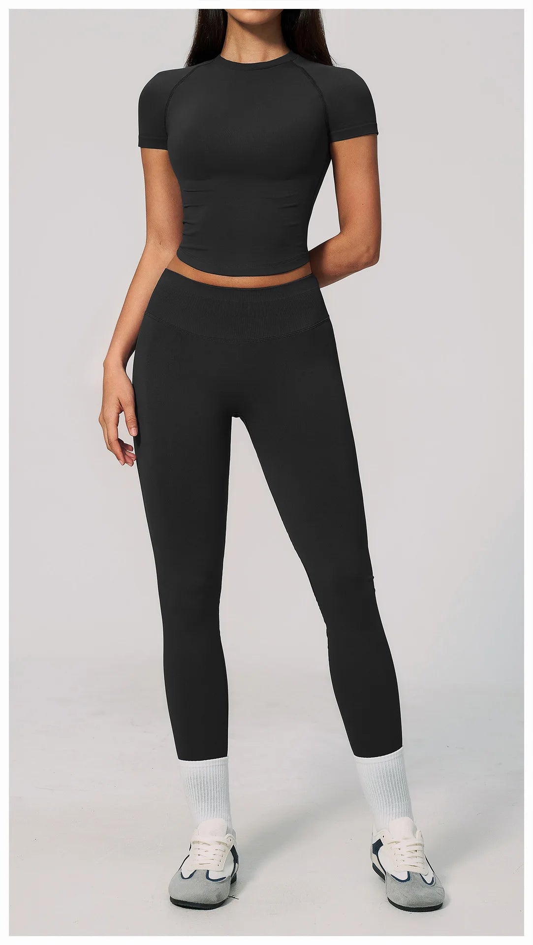 2PCS Women's Tracksuit Seamless Yoga Set Short Sleeve O Neck Workout T Shirts Fitness Suit Tight Hip Lifting Leggings Gym Sets