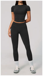 2PCS Women's Tracksuit Seamless Yoga Set Short Sleeve O Neck Workout T Shirts Fitness Suit Tight Hip Lifting Leggings Gym Sets