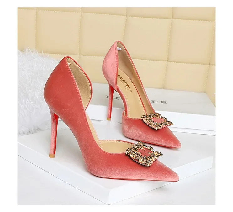 Women 10cm Super High Heels Pointed Toe Side Hollow Work Pumps Metal Crystal Buckle Velvet Stiletto Fashion Banquet Lady Shoes