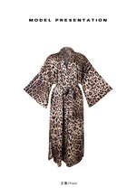 Sexy Leopard Print Satin Long Robe Women Flare Sleeve Tie Waist High Slit Loungewear Outerwear