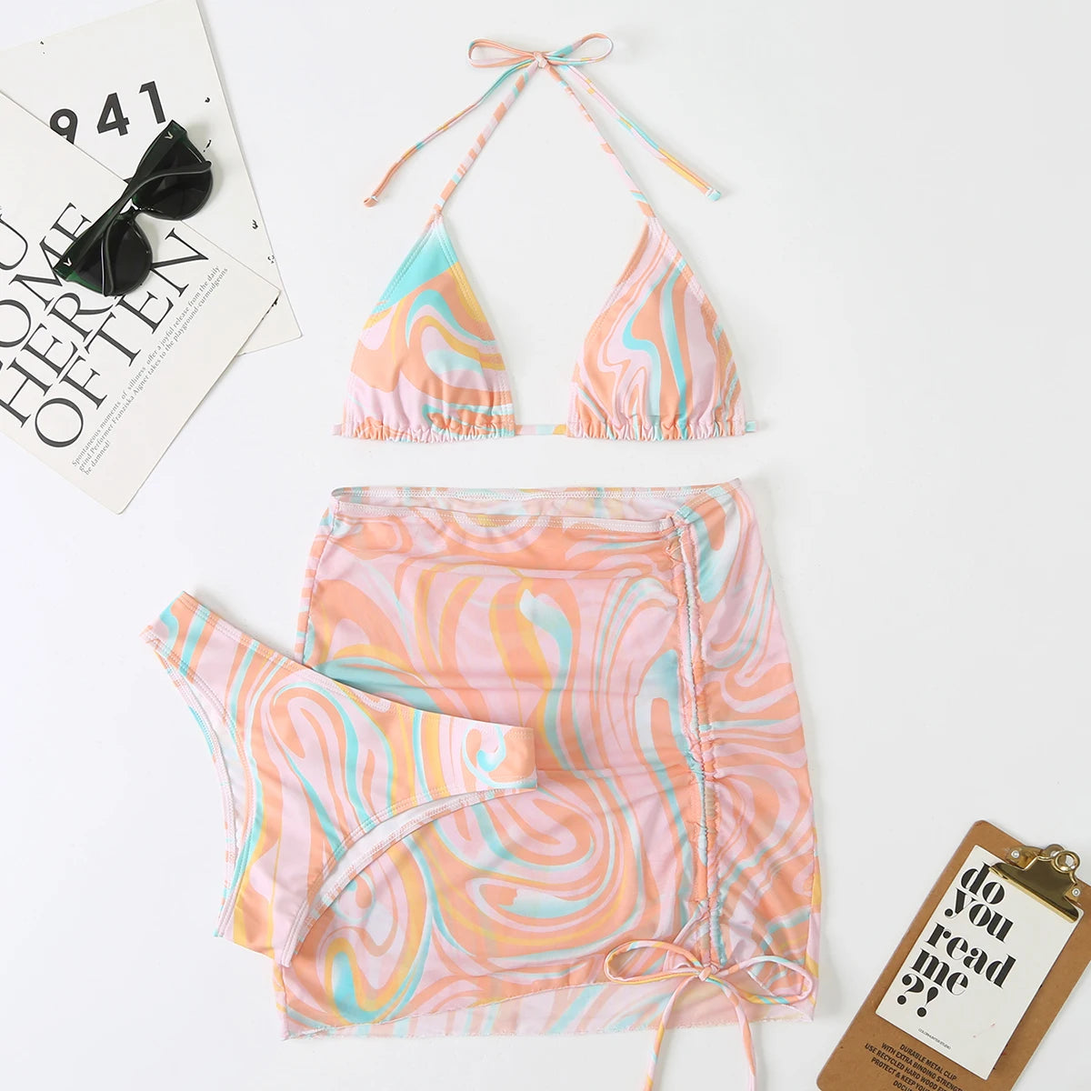 3 Pieces Bikini Set With SkirtTie Dye String Thong Bathing Suit Women Swimsuit FemaleSwimwear Beach Wear Swim Lady Summer