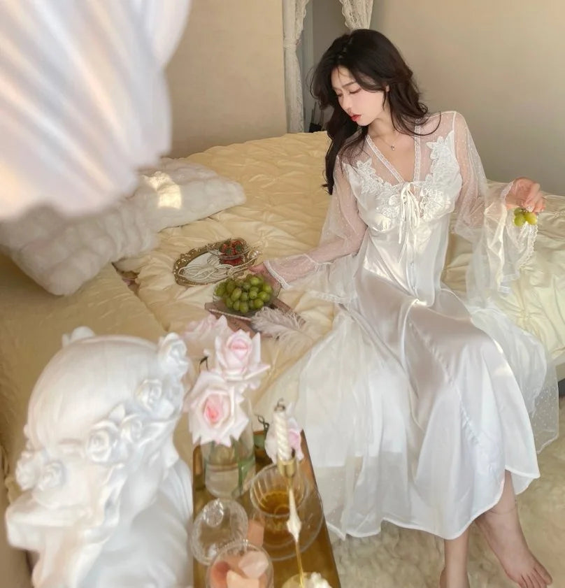 French sexy Pure Temptation Mesh Lace Nightgown for Women Spring Summer Ice Silk Long Sleeve Cutout Back Sleepwear Homewear