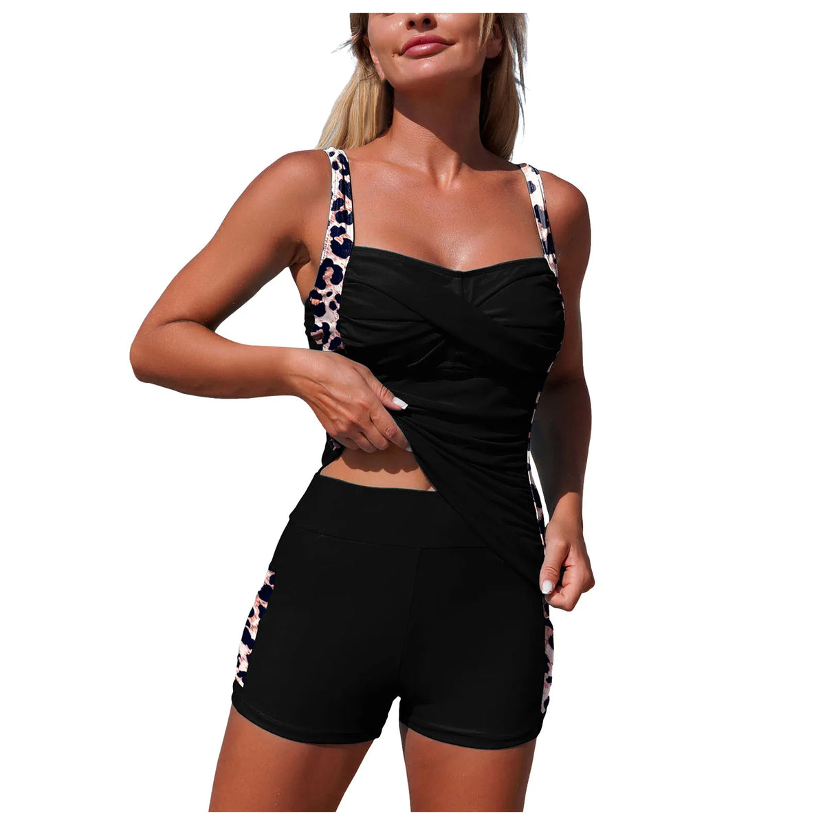 Women's Two Piece Swimsuit With Pocket Color Blocked Sporty Tankini High Waist Ruched Bathing Swimming Suit Summer Beachwear