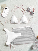Sexy White Swimsuits Women Mesh Pleate Drawstring 3 Piece Bikinis Sets 2025 Push Up Bathing Suit High Waist Swimwear Biquini