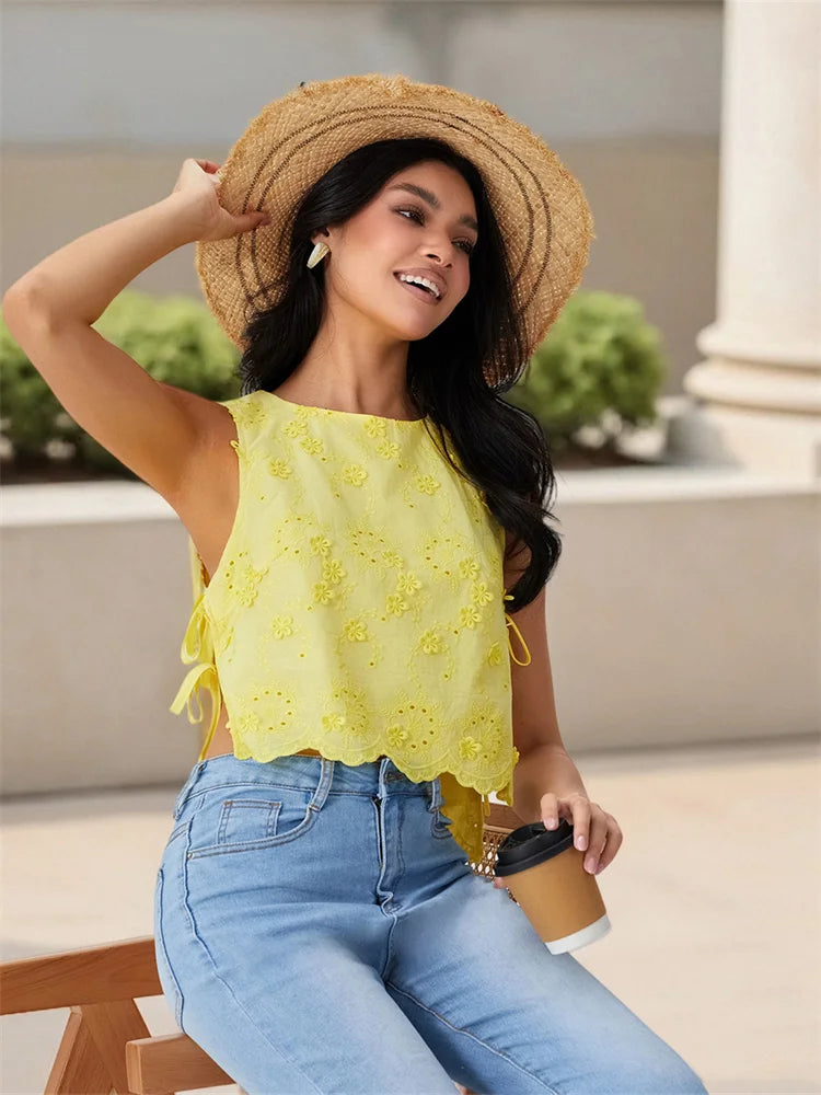 Women Summer Tank Tops Casual Tie up Side Floral Embroidery Sleeveless Shirt Basic Vest for Streetwear