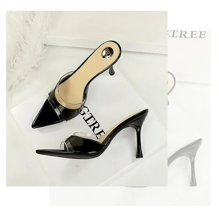 BIGTREE Shoes Women PVC Transparent Shoes for Women Sexy Pointed Open Toe Shallow Slider Slippers Ladies Sandal High Heels Mules