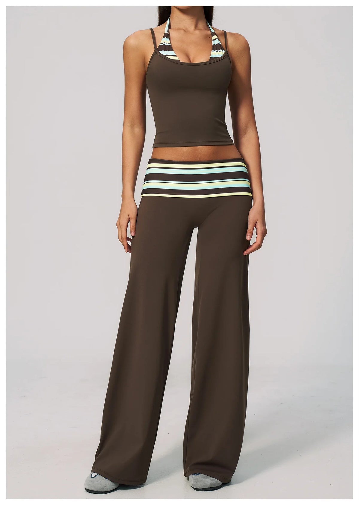 Women's 2 Piece Yoga Set Halter Neck Crop Top Fold Over Waist Wide Legged Flare Trousers Polka Dot Striped Gym Workout Running