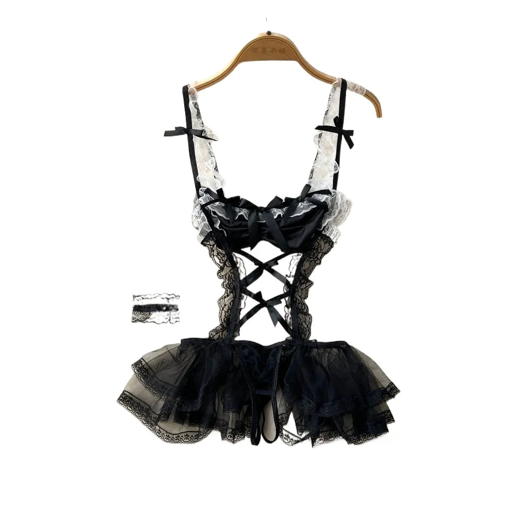 Cute LolitaMaid Bunny Costume Set With Apron Ruffle Cosplay VacationPerfect Halloween Outfit Halter Dress Set Outfit Style