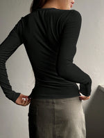 Women's Casual Solid Color Slim Fit Half-Button Long Sleeve T-shirt Commuting Rib-Knit Cropped Top Spring/Fall