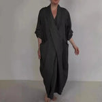 Bohemian Maxi Dress Spring Autumn Maxi Dress Robe Baggy Cross V Neck Large Pocket Retro A-line Casual Party Travel Dress