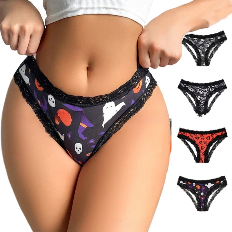 1 Pc Printed Lingerie for Women Sexy Lace Edge Wrapped Hip Underwear Halloween Themed Comfortable and Breathable Triangle Pants