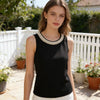 Women Vest Silky Satin Sleeveless Tops With Faux Pearls Collar Loose Fit Summer Tops Formal Semi-Formal Wear Women Blouse