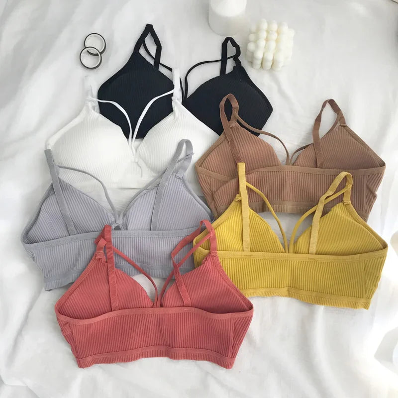Women Ribbed Knit Bra Front Cutout V Neck Wireless Bralette Fixed Thin Spaghetti Straps Underwear Skin-Friendly Cotton Inner Top