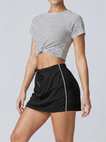 Women's Yoga Outfit Set Black Stripe Tennis Skirt Workout Clothes Short Sleeve O Neck Sports T Shirts Mini Skorts Fitness Sets