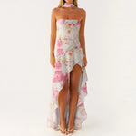 Women Summer Casual Tube Dress Fashion Solid Color/Floral Print High Low Ruffles Long Dresses with Scarf
