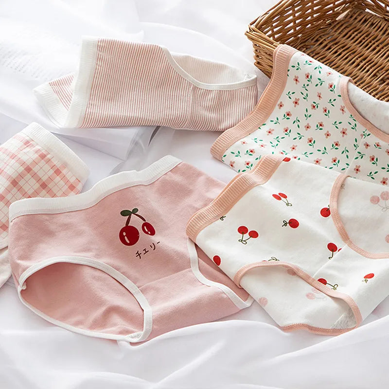 Cotton Panties Comfy Underwear Women Low Waist Briefs Female Underpants Lingerie Ladies Pantys M-XL Cherry Printed Design