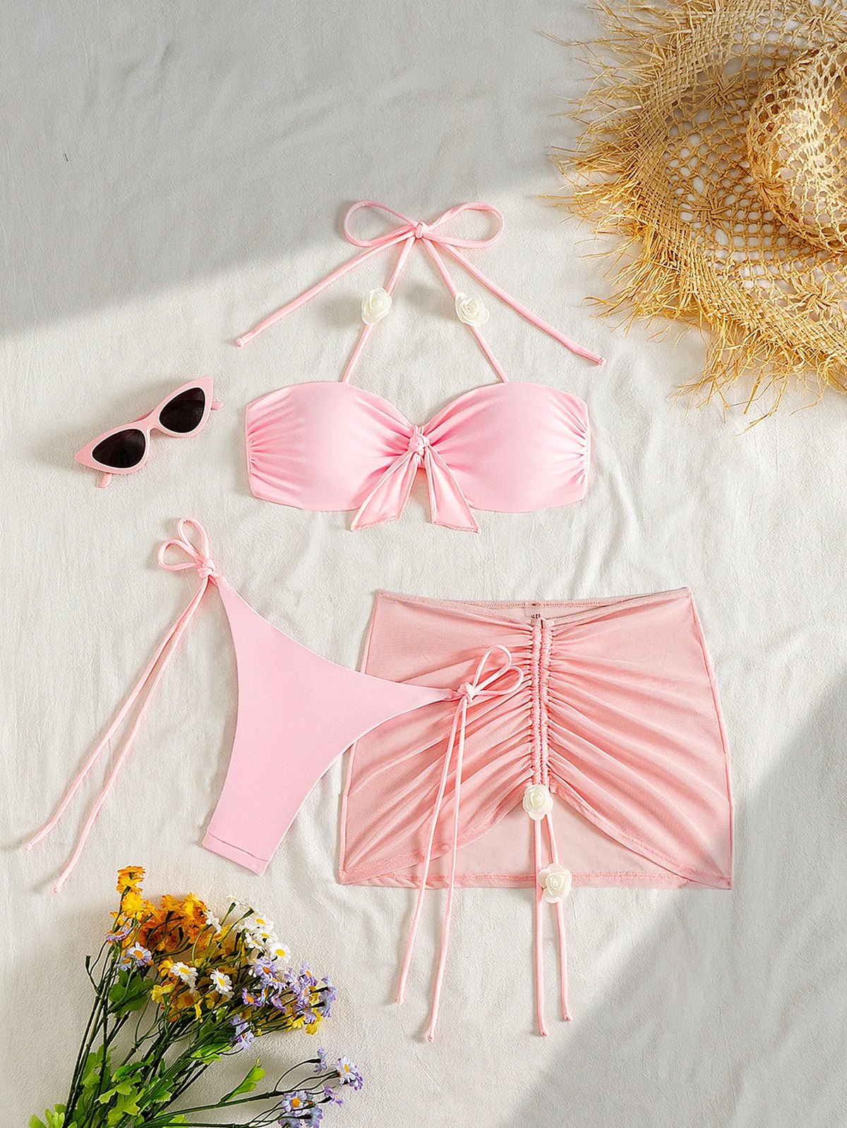 3D flower front tie pink bikinis sets 3pcs with drawstring mesh mini skirt swimsuits bathing suit beach outfits biquini tankini