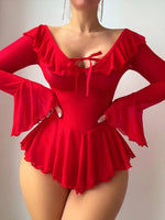 Off‑Shoulder Sheer Mesh Nightgowns Ruffle Trim Bow Front Long Flare Sleeve See‑Through Mini Dress Seductive Bodycon Sleepwears