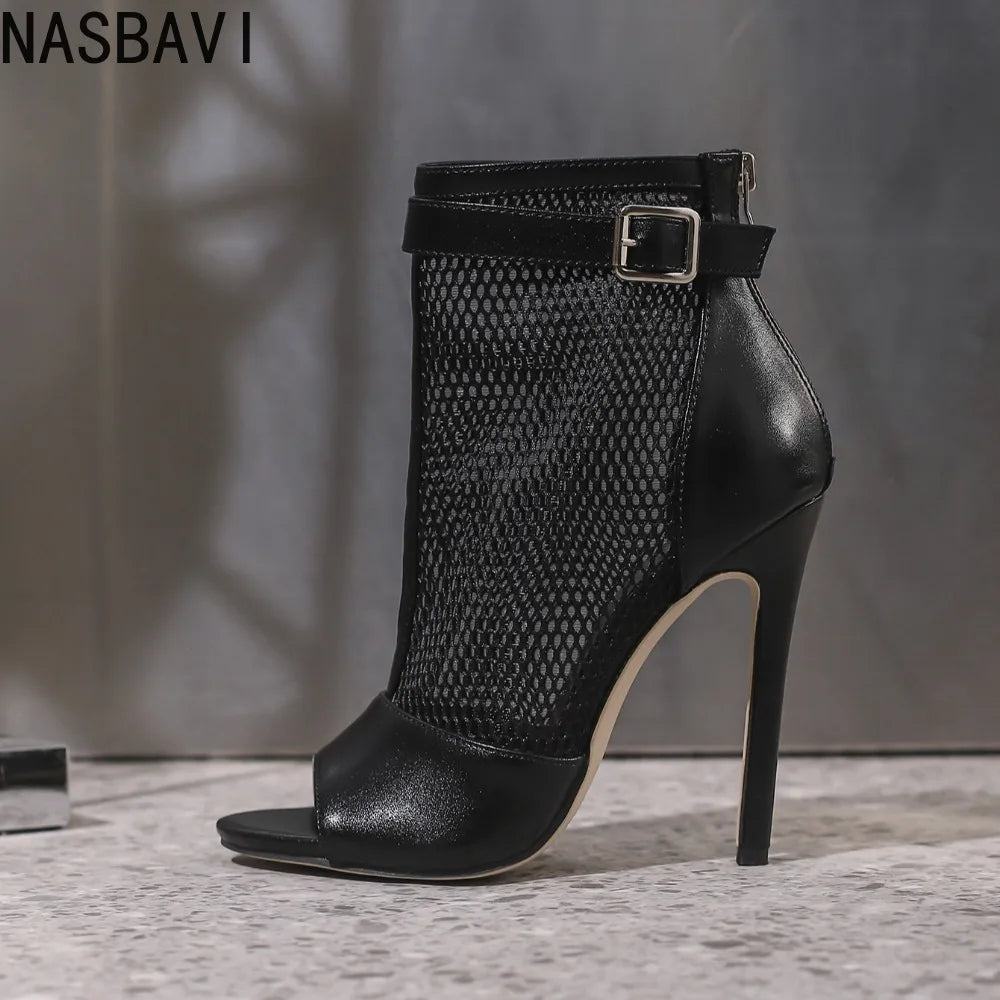 Design Peep Toe Hollow Out Mesh Ankle Boots Sandals Woman Sexy Nightclub Gladiator Peep Toe Thin High Heels Zipper Sandals