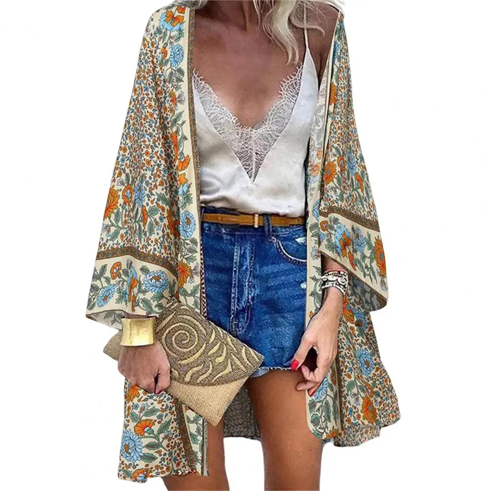 Bohemian Sun Protection Long Blouse Women Cardigan Floral Print Batwing Sleeve Summer Cardigan for Daily Wear