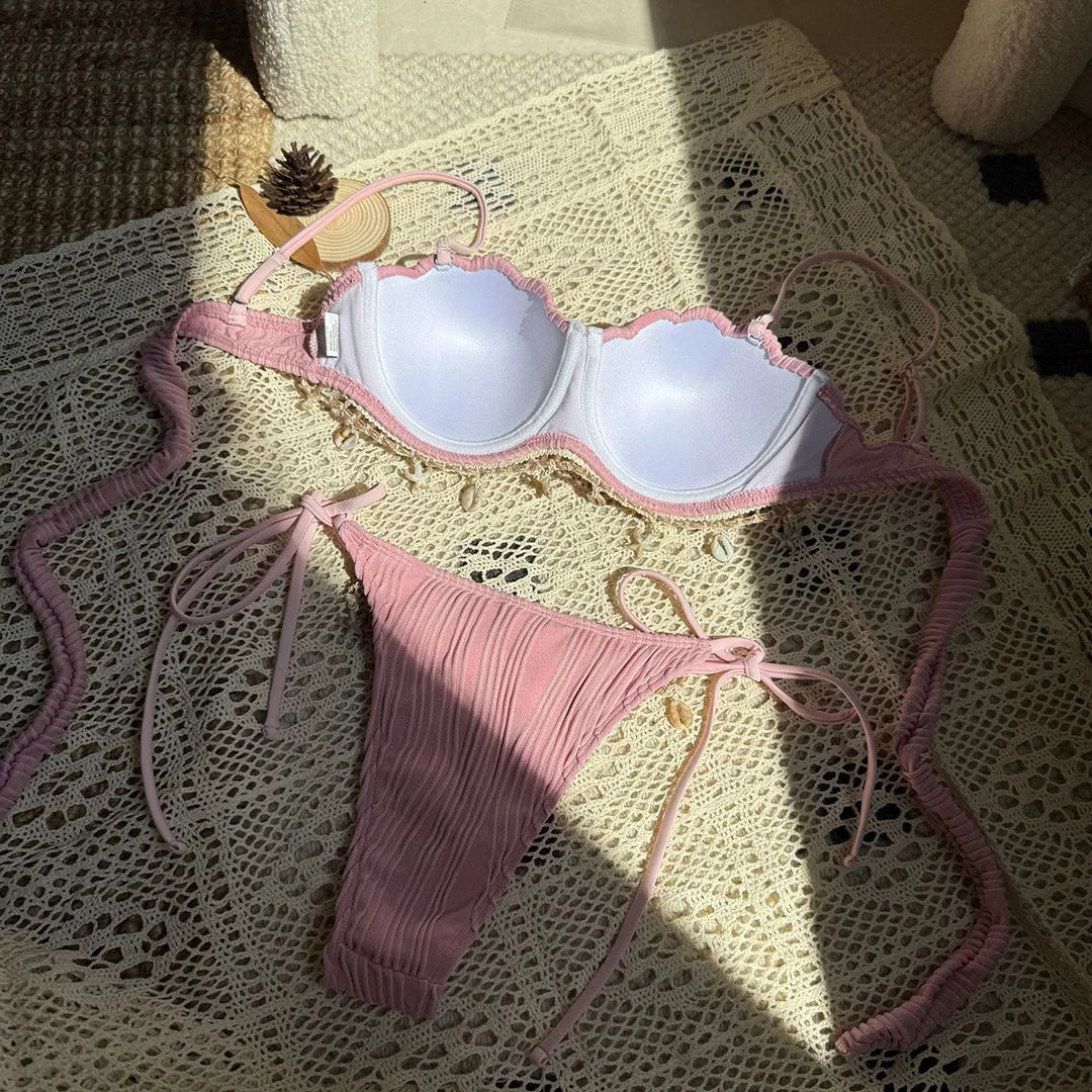 New Shell Scalloped Ribbed Underwired Bikini Female Swimsuit Women Swimwear Two-Pieces Bikini Set Bather Bathing Suit Swim V6498