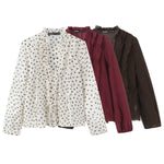 2026 Spring New Women Elegant Loose V Neck Wave Trim Polka Dot Blouse Thin Long Sleeve Top