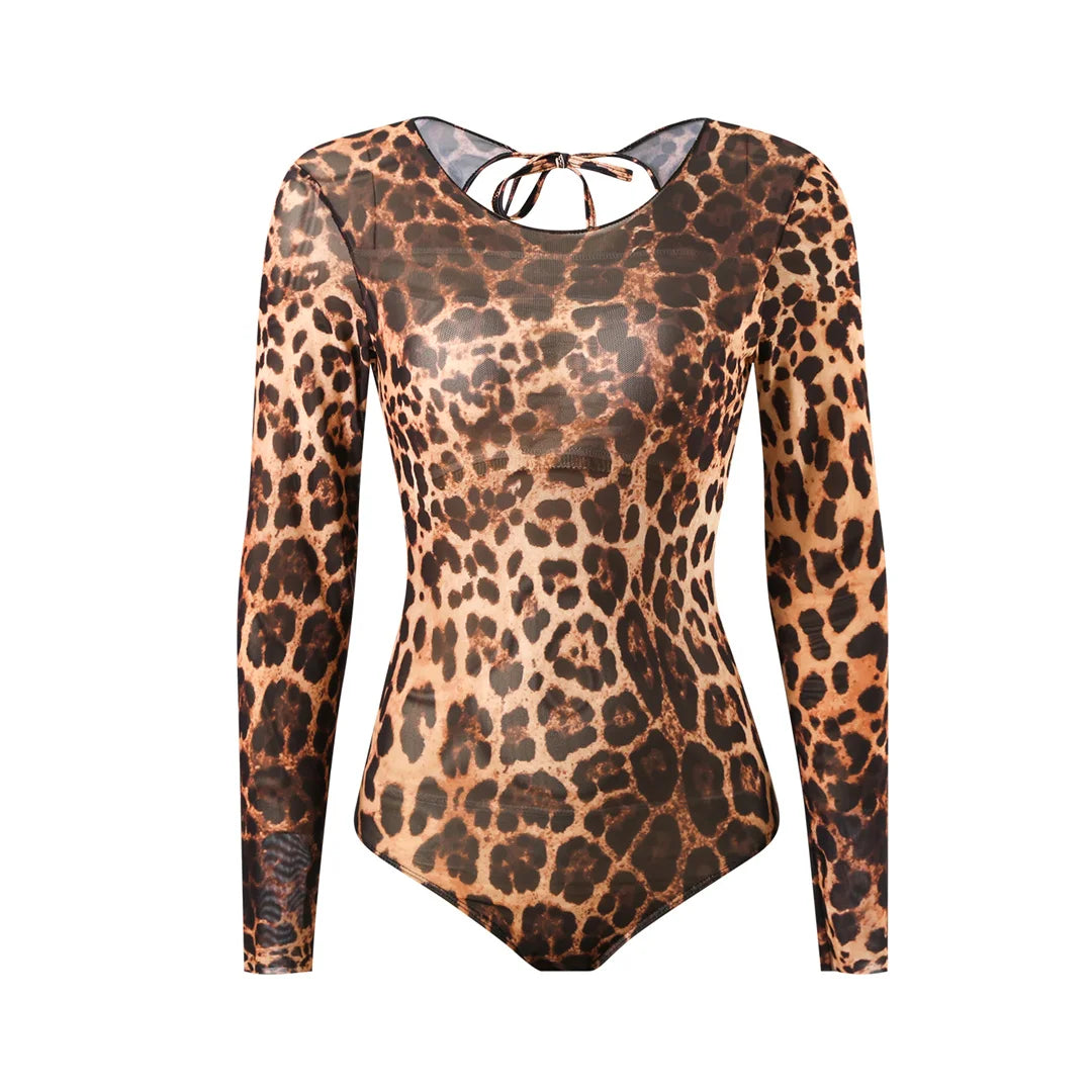 S - XXL 2026 Leopard With Skirt Long Sleeve One Piece Swimsuit Women Swimwear Female High Cut Leg Bather Bathing Suit Swim V7352